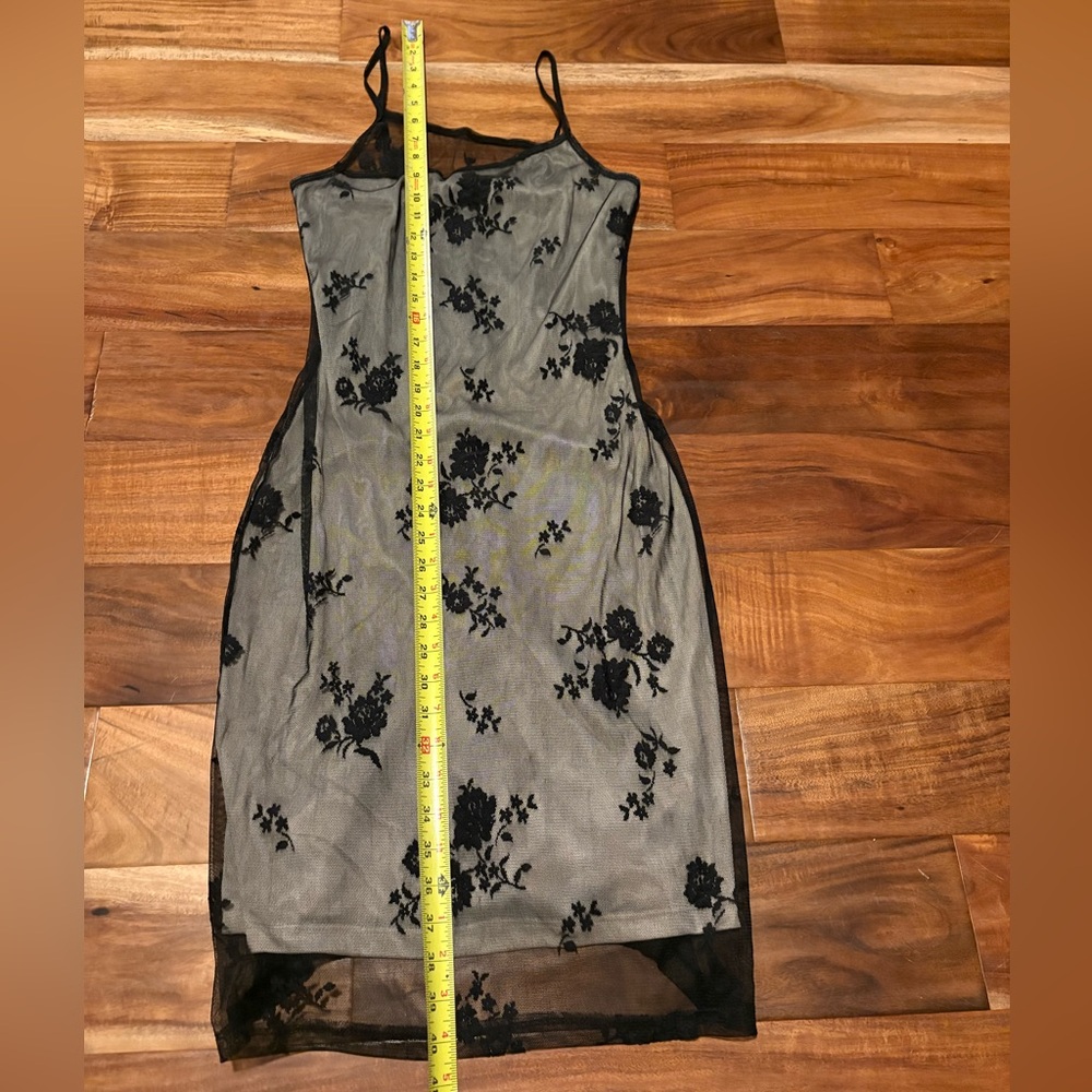 Poleci Sheer Floral Mesh Slip Dress Black 90s Rachel Green Style Medium (1012)‎